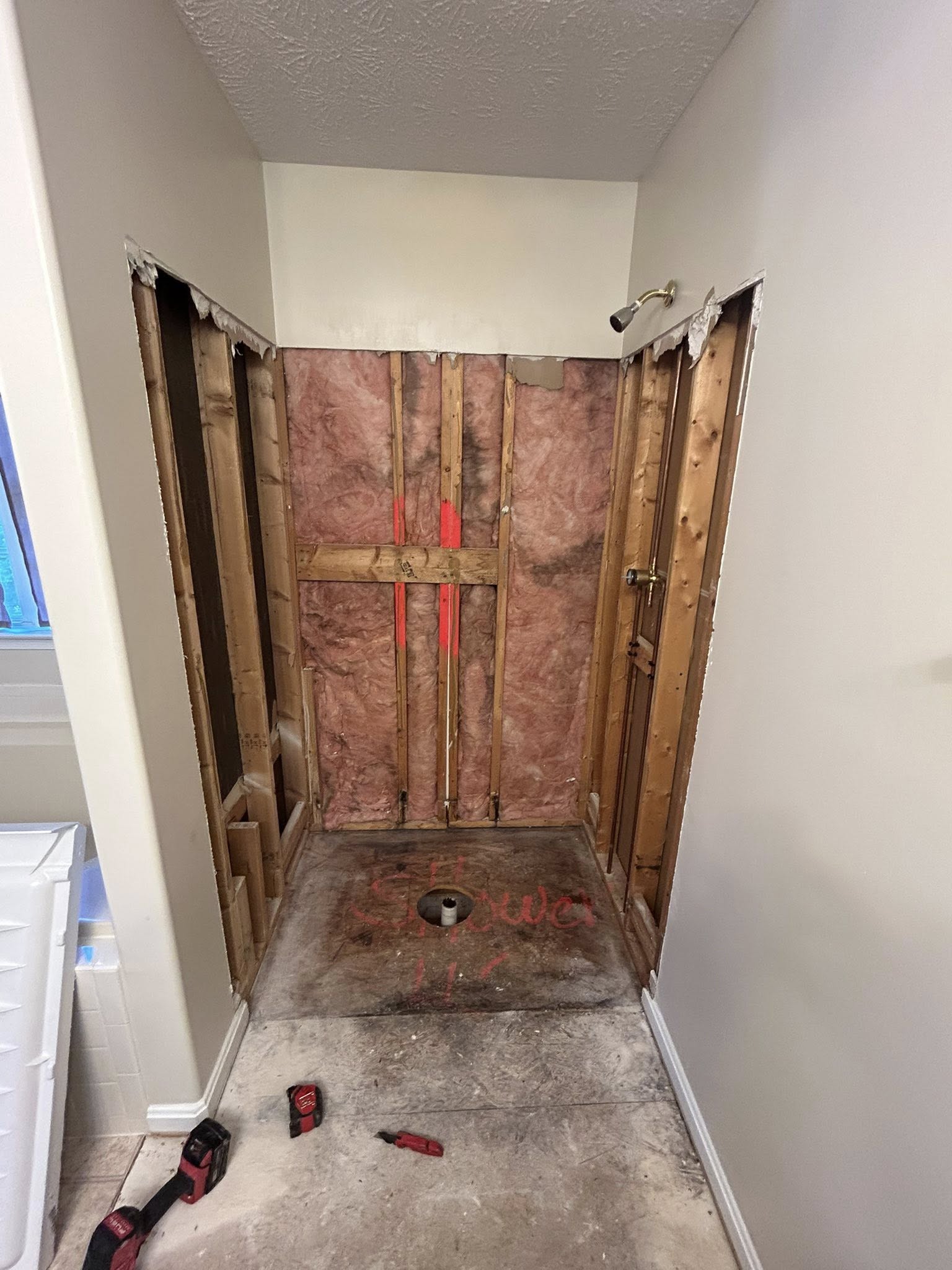 Shower before remodel showing exposed framing and water damage